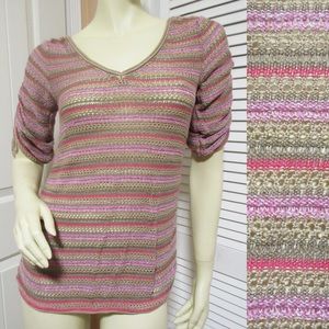 DKNY Y2K Vintage 80s 90s Womens Knit Crochet See-Through Top M Net/Mesh Striped